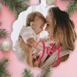 First Christmas baby photo name modern<br><div class="desc">Trendy modern pink joy script and heart keepsake holiday tree ornament card with new baby's first Christmas together with mum,  dad,  and family.</div>