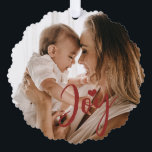 First Christmas baby photo name modern red Tree Decoration Card<br><div class="desc">Trendy modern dark red burgundy joy script and heart keepsake holiday tree ornament card with new baby's first Christmas together with mum,  dad,  and family.</div>