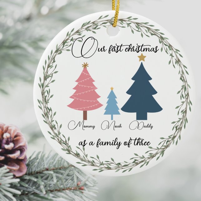 First Christmas baby photo pink and blue trees  Ceramic Tree Decoration (Creator Uploaded)