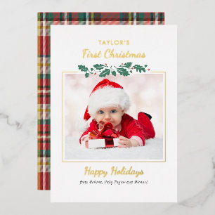 First Christmas Baby Photo Plaid Family Gold