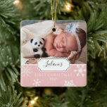 First Christmas Baby Photo Snow Baby Pink Ceramic Ornament<br><div class="desc">My first Christmas with snowflakes on a chalkboard background and photo ornament design can be personalised with the baby's name and birth year. Includes a second photo on the back.</div>