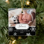 First Christmas Baby Photo Snow Black Ceramic Ornament<br><div class="desc">My first Christmas with snowflakes on a chalkboard background and photo ornament design can be personalized with the baby's name and birth year. Includes a second photo on the back.</div>