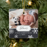 First Christmas Baby Photo Snow Chalkboard Ceramic Ornament<br><div class="desc">My first Christmas with snowflakes on a chalkboard background and photo ornament design can be personalised with the baby's name and birth year. Includes a second photo on the back.</div>