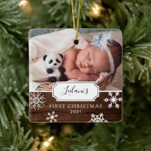First Christmas Baby Photo Snow Wood Ceramic Ornament