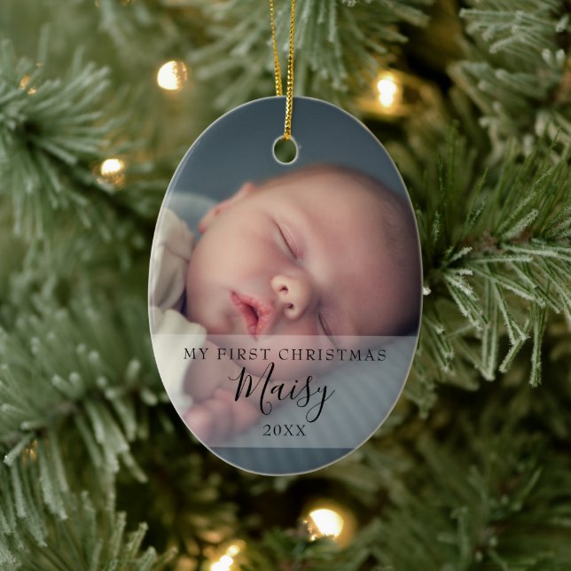 First Christmas Baby Photos Elegant Script Ceramic Tree Decoration (Tree)