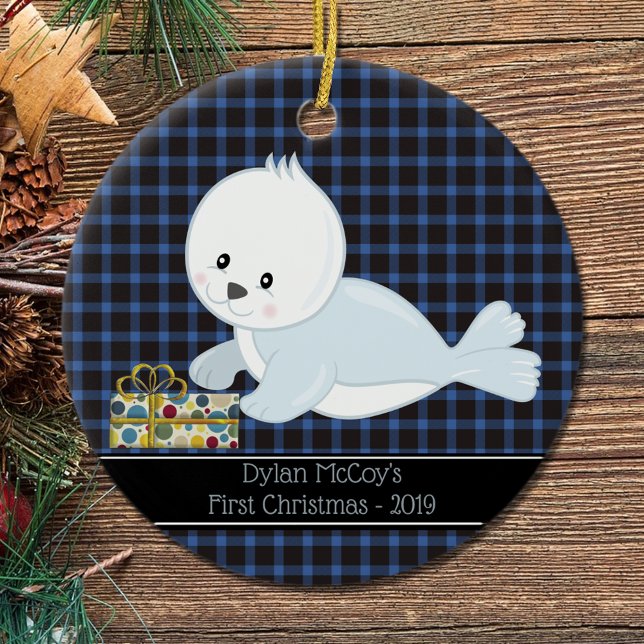 First Christmas•Baby Seal•Blue Plaid Ceramic Tree Decoration (Creator Uploaded)