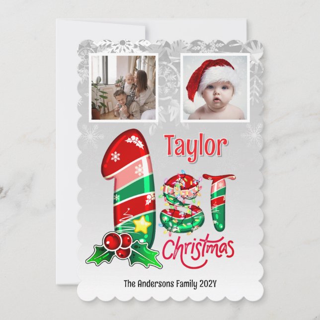 First Christmas Baby Two Photos Personalised Card (Front)