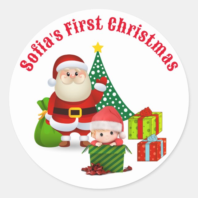 First Christmas Baby's Personalise Name Elf Classic Round Sticker (Front)