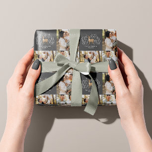 First Christmas black reindeer elegant multi photo Wrapping Paper