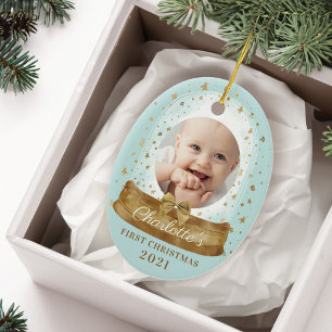 First Christmas Blue Baby Photo & Name Snow Globe Ceramic Tree Decoration