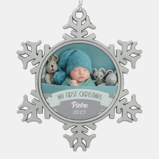 First Christmas Blush Green Baby Boy Photo  Snowflake Pewter Christmas Ornament (Front)