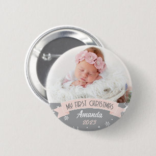 First Christmas Blush Pink Baby Girl Photo 6 Cm Round Badge