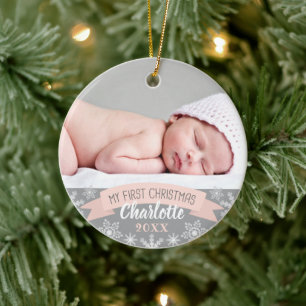 First Christmas Blush Pink Baby Girl Photo Ceramic Tree Decoration