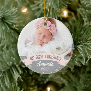 First Christmas Blush Pink Baby Girl Photo  Ceramic Tree Decoration
