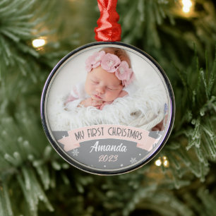 First Christmas Blush Pink Baby Girl Photo Metal Tree Decoration