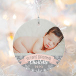 First Christmas Blush Pink Baby Girl Photo Ornament<br><div class="desc">"My First Christmas" banner and snowflake border photo ornament design can be personalized with the baby girl's name and birth year. Includes a second photo on the back. Light blush pink,  gray and white colors.</div>