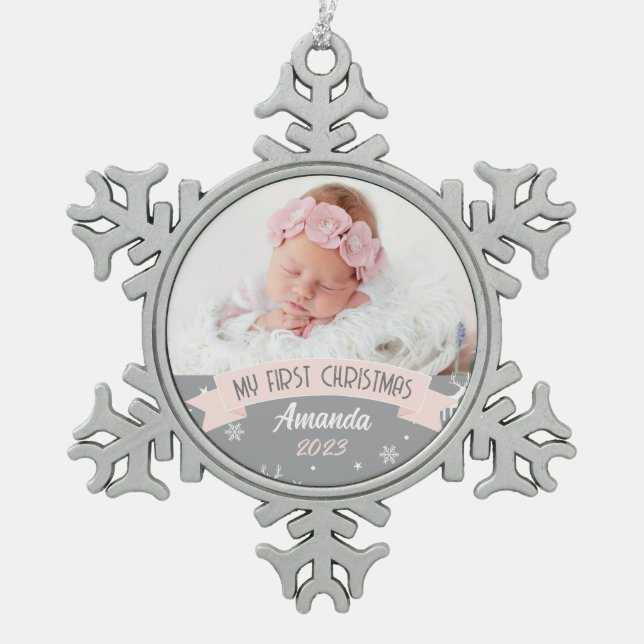 First Christmas Blush Pink Baby Girl Photo  Snowflake Pewter Christmas Ornament (Front)