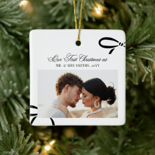 First Christmas Bow Mr and Mrs Newlyweds Photo Ceramic Ornament