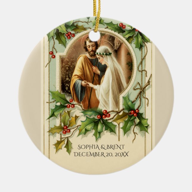 First Christmas Bride Groom Virgin Mary Catholic Ceramic Tree Decoration (Front)