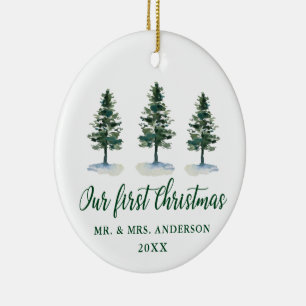 First Christmas Calligraphy Pines PHOTO BACK Ceramic Tree Decoration