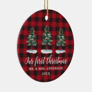 First Christmas Calligraphy Pines Plaid PHOTO BACK Ceramic Tree Decoration