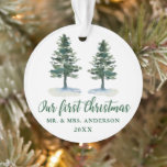 First Christmas Calligraphy Watercolor Two Pines Ornament<br><div class="desc">Modern Elegant Calligraphy Script,  Watercolor Pine Trees,  Our First Christmas Mr. and Mrs. Wedding Couple Ornament</div>