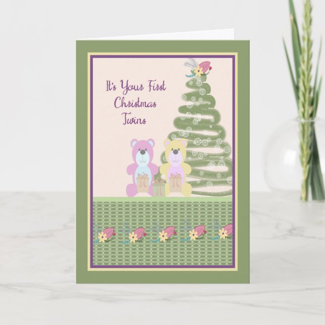 First Christmas Card for Twins with Two Toy Bears (Front)