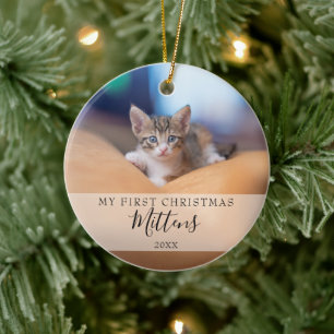 First Christmas Cat Dog Pet Photo Elegant Script Ceramic Tree Decoration