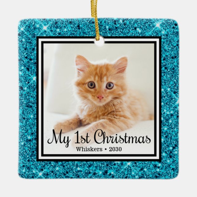 First Christmas Cat Photo Ceramic Ornament (Front)