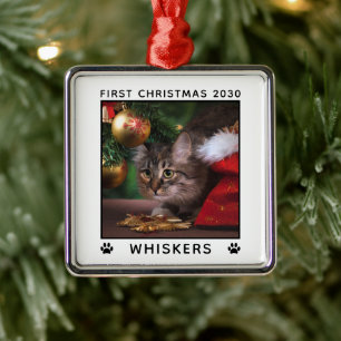 First Christmas Cat Photo Name Paw Prints Custom Metal Tree Decoration