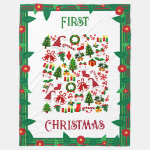 First Christmas Colour Symbols Floral Border Winte Fleece Blanket