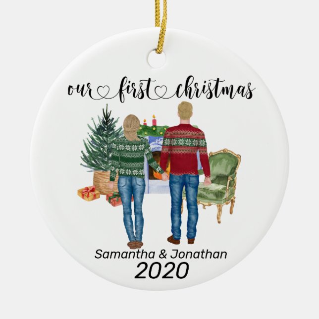 First Christmas Couple Blonde Hair Newlyweds Ceramic Tree Decoration (Front)