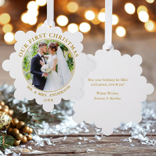 First Christmas Couple Photo Gold Ornament Card