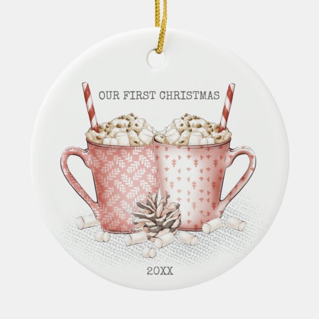 First Christmas Couple with Hot Cocoa Ceramic Tree Decoration (Front)