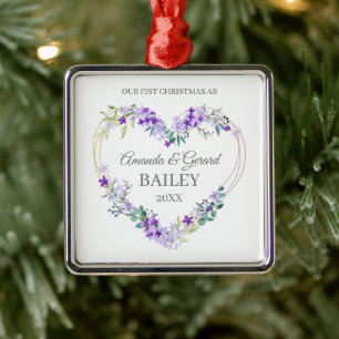 First Christmas Couple with Lavender Flowers Metal Tree Decoration