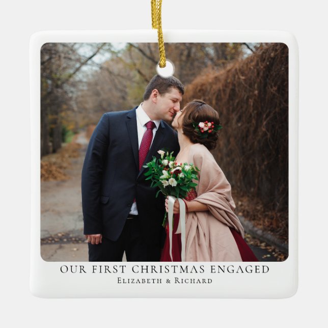 First Christmas Customisable Engaged Minimal Photo Ceramic Ornament (Front)