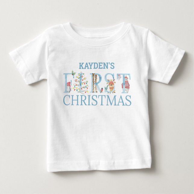First Christmas Cute Animal Letters Boy Name Baby T-Shirt (Front)