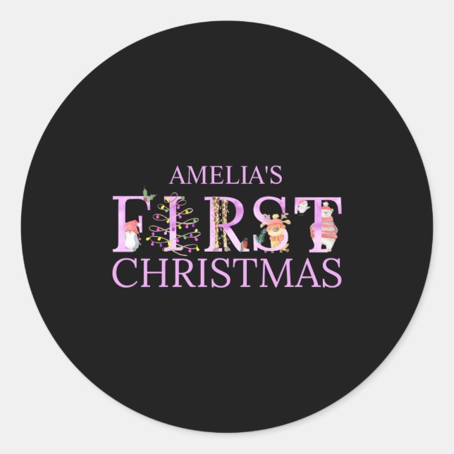 First Christmas Cute Animal Letters Girl Name Baby Classic Round Sticker (Front)