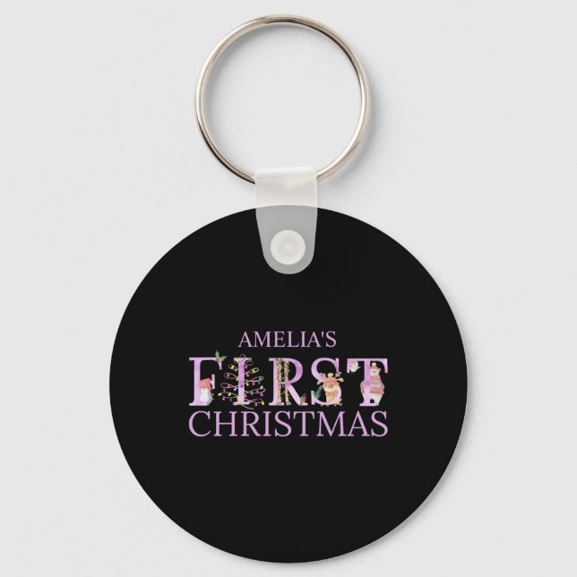 First Christmas Cute Animal Letters Girl Name Baby Key Ring (Front)