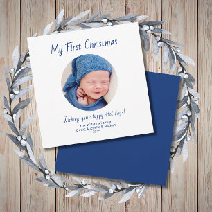 First Christmas Cute Baby Boy Photo Blue Holiday Card