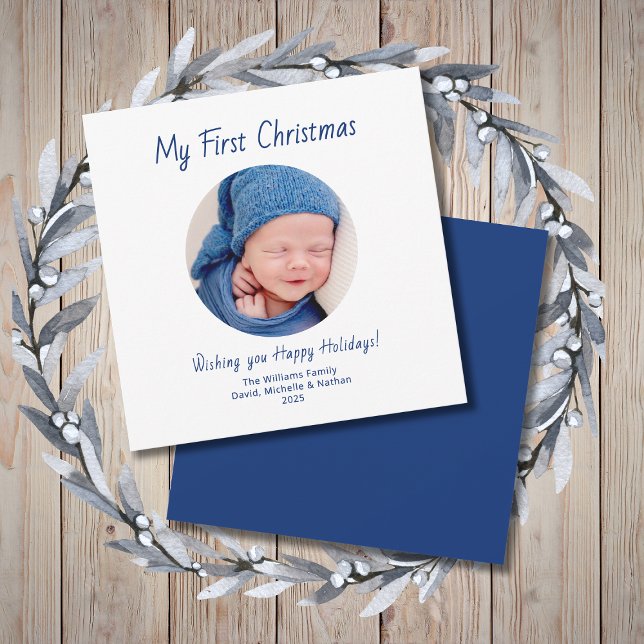 First Christmas Cute Baby Boy Photo Blue  Holiday Card (Creator Uploaded)