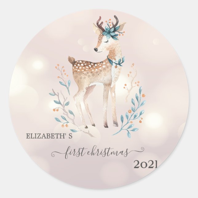 First Christmas,Cute Deer Holiday  Classic Round Sticker (Front)