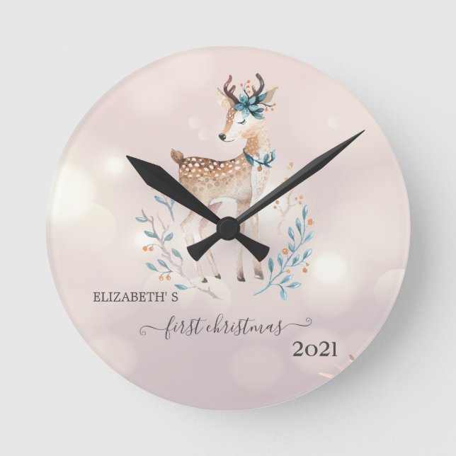 First Christmas,Cute Deer Holiday Round Clock (Front)