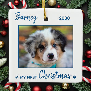 First Christmas Cute Puppy - Blue Dog Pet Photo Ceramic Ornament