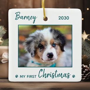 First Christmas Cute Puppy - Green Dog Pet Photo Ceramic Ornament