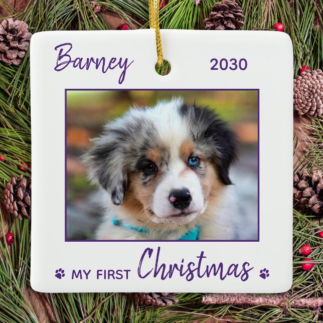 First Christmas Cute Puppy - Purple Dog Pet Photo Ceramic Ornament (Creator Uploaded)