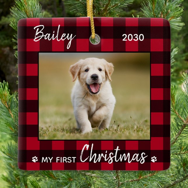 First Christmas Cute Puppy Red Plaid Dog Pet Photo Ceramic Ornament (Creator Uploaded)