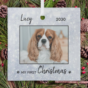 First Christmas Cute Puppy - Silver Dog Pet Photo Glass Tree Decoration