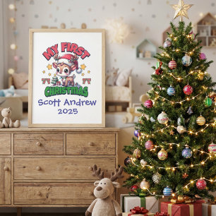 First Christmas Deer Brown Personalise Canvas Print