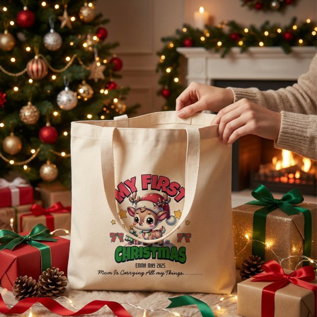 First Christmas Deer Brown Personalise Large Tote Bag (Creator Uploaded)
